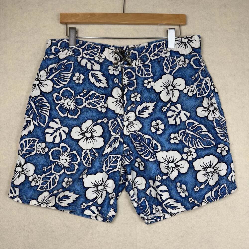 Vintage Birdwell Beach Britches Shorts Mens 34 Blue White Floral Board Made USA